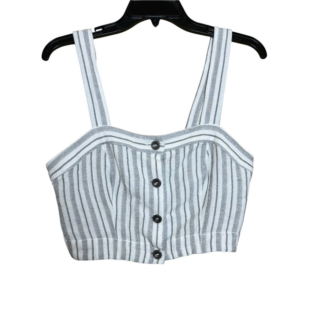 Free People White/Gray-Blue Striped Button-Front Crop Cotton Blend Tank Top XS